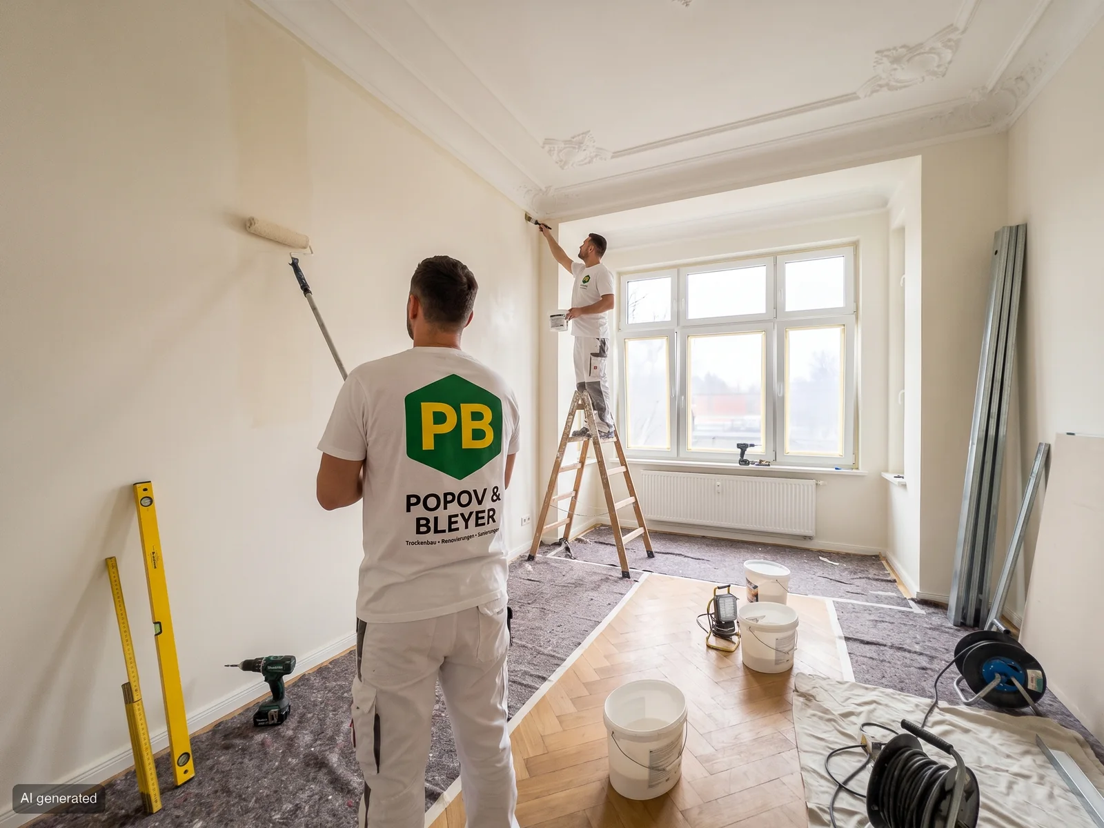 Zwei Maler im weißen Popov-und-Bleyer-Shirt streichen einen Altbauraum mit Stuckdecke und Fischgrätparkett